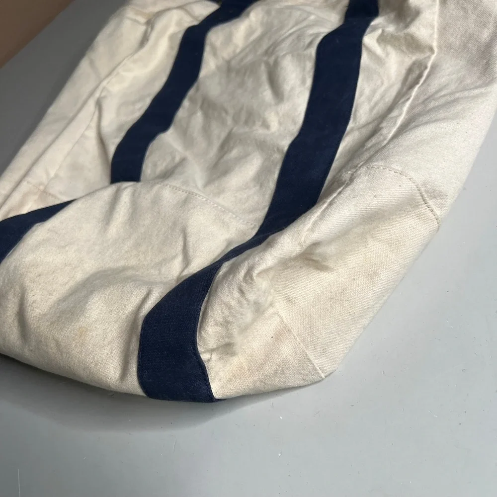 J.Crew Canvas Tote Bag Cream Navy Blue AH604 Large Travel Beach Carryall